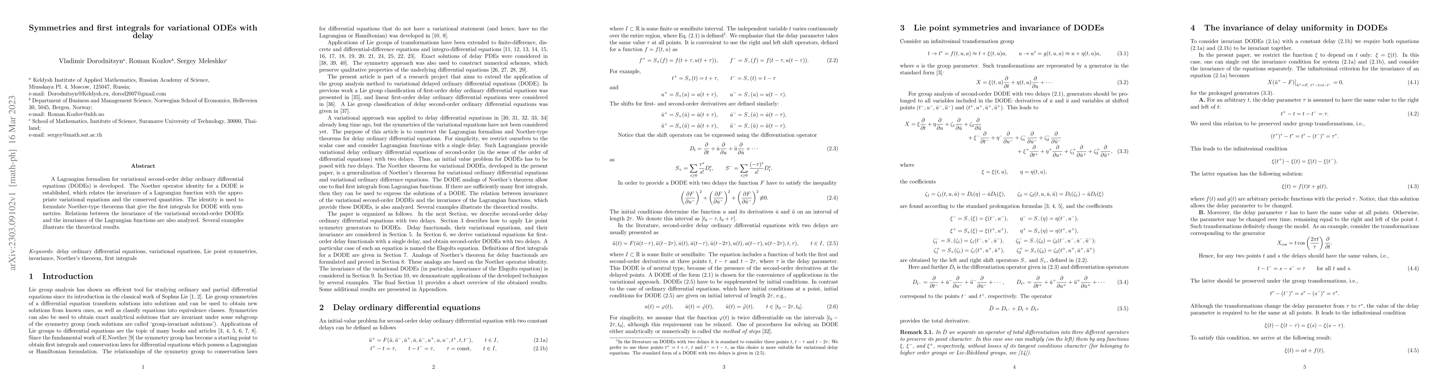 Thumbnail for Symmetries and first integrals for variational ODEs with delay