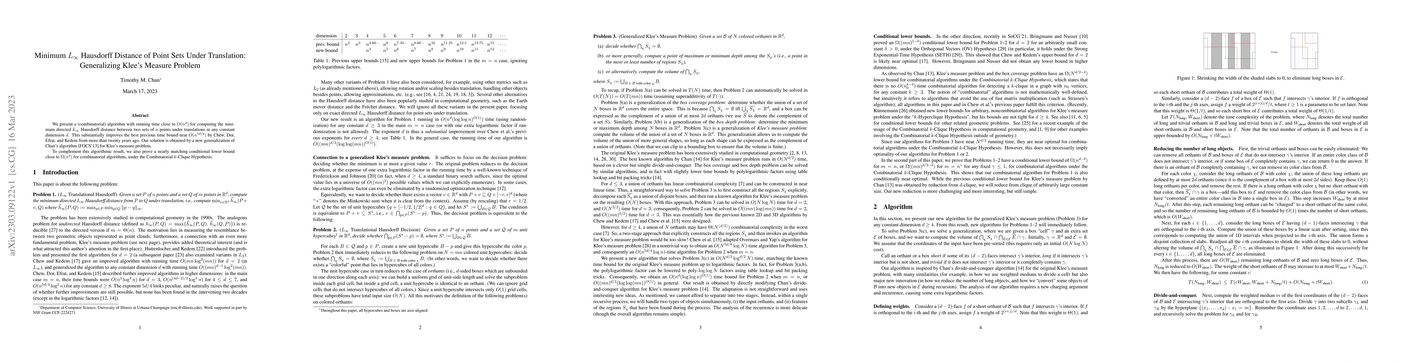 Thumbnail for Minimum $L_\infty$ Hausdorff Distance of Point Sets Under Translation:
  Generalizing Klee's Measure Problem