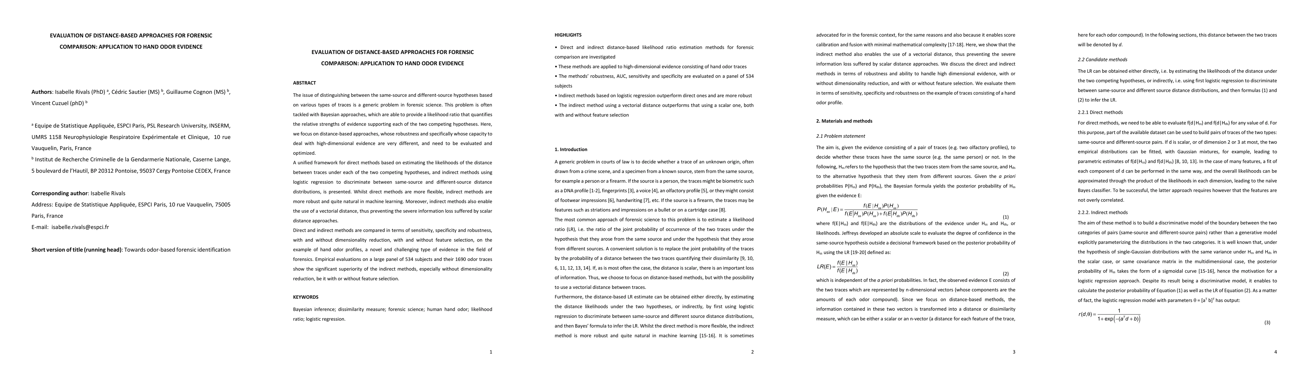 Thumbnail for Evaluation of distance-based approaches for forensic comparison:
  Application to hand odor evidence