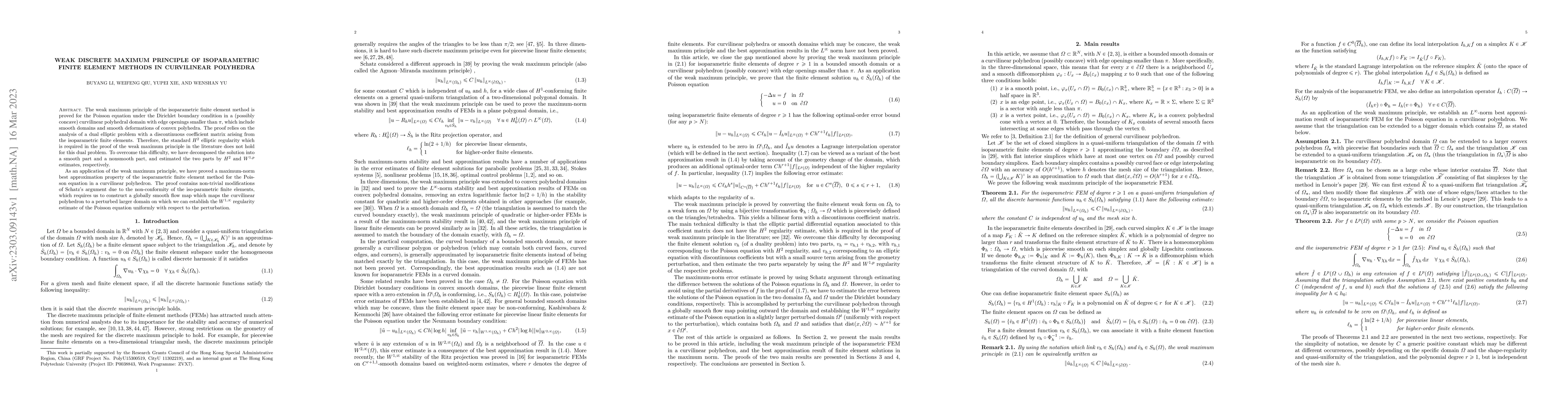 Thumbnail for Weak discrete maximum principle of isoparametric finite element methods
  in curvilinear polyhedra