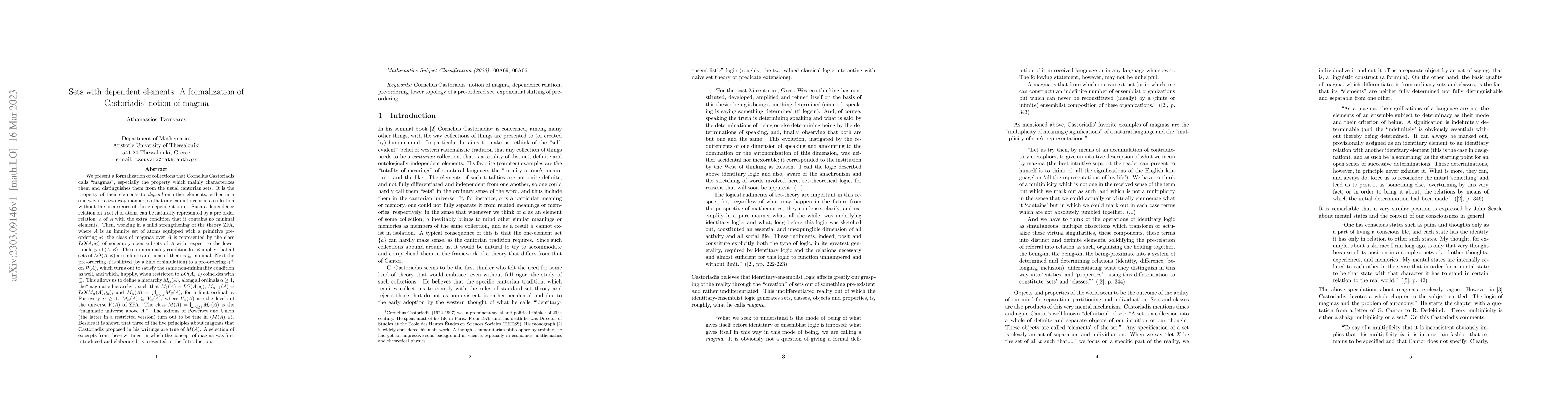 Thumbnail for Sets with dependent elements: A formalization of Castoriadis' notion of
  magma