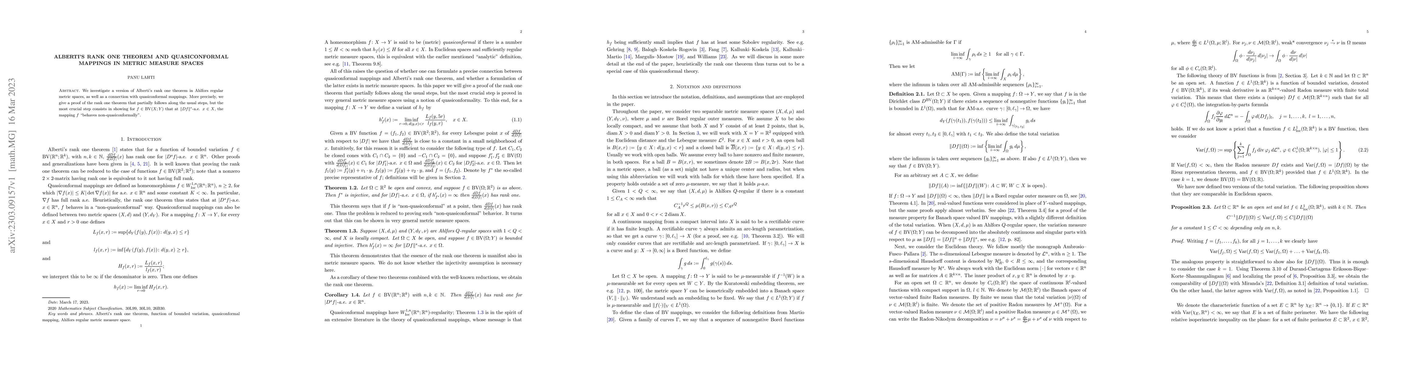 Thumbnail for Alberti's rank one theorem and quasiconformal mappings in metric measure
  spaces