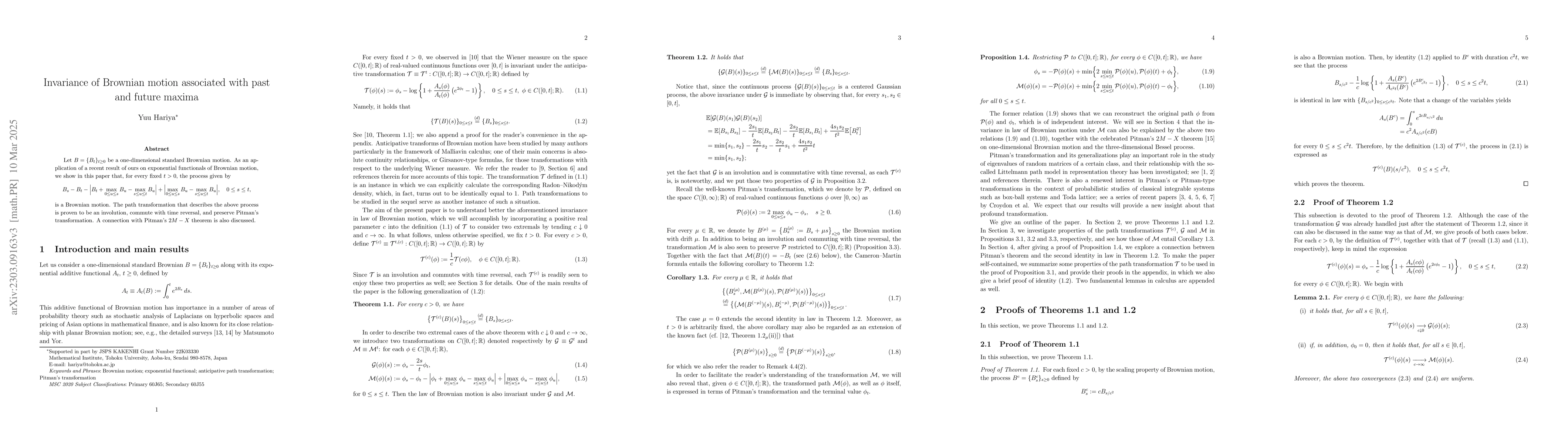 Thumbnail for Invariance of Brownian motion associated with past and future maxima