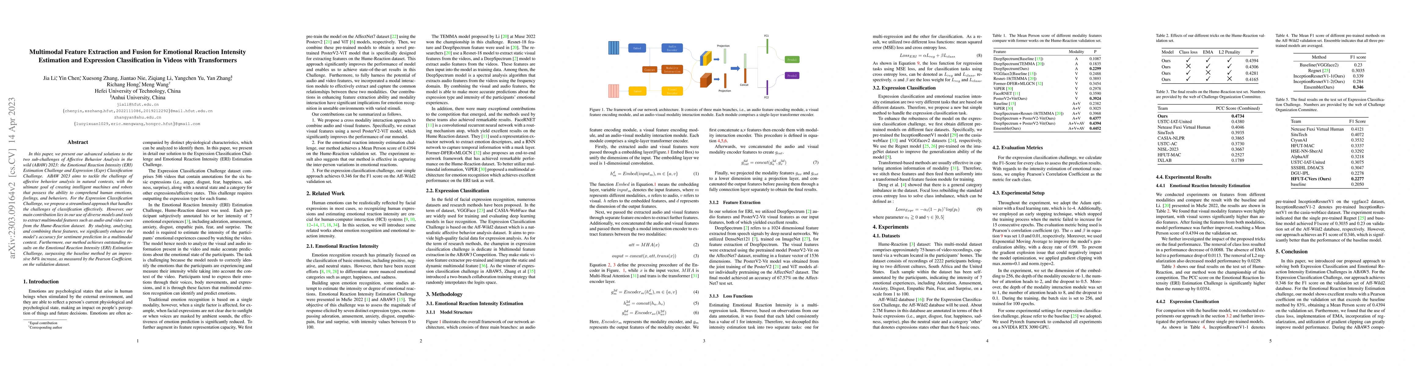 Thumbnail for Multimodal Feature Extraction and Fusion for Emotional Reaction
  Intensity Estimation and Expression Classification in Videos with
  Transformers