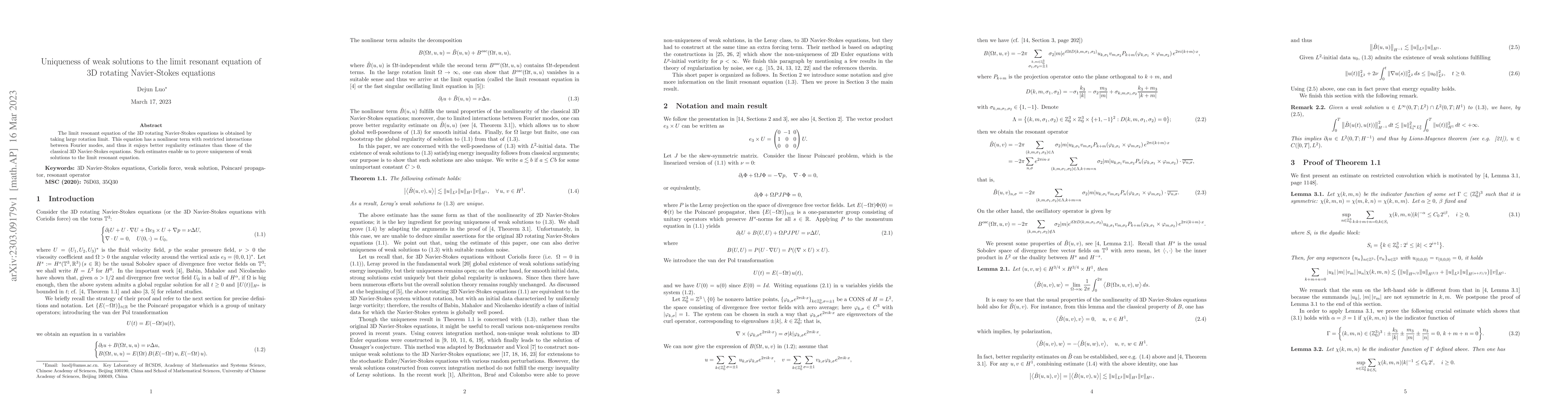 Thumbnail for Uniqueness of weak solutions to the limit resonant equation of 3D
  rotating Navier-Stokes equations
