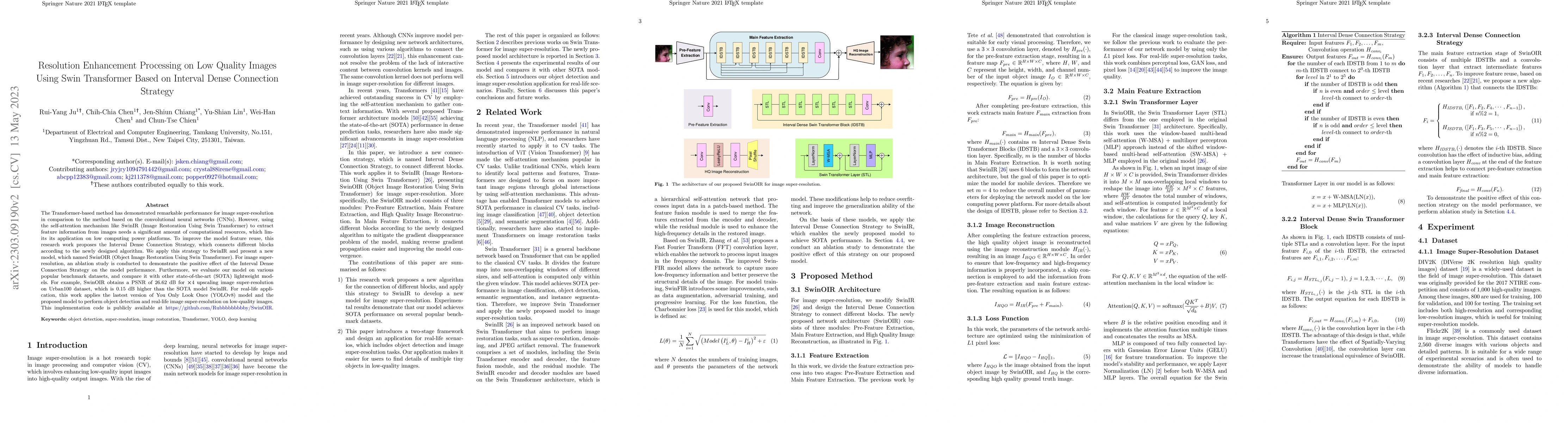 Thumbnail for Resolution Enhancement Processing on Low Quality Images Using Swin
  Transformer Based on Interval Dense Connection Strategy