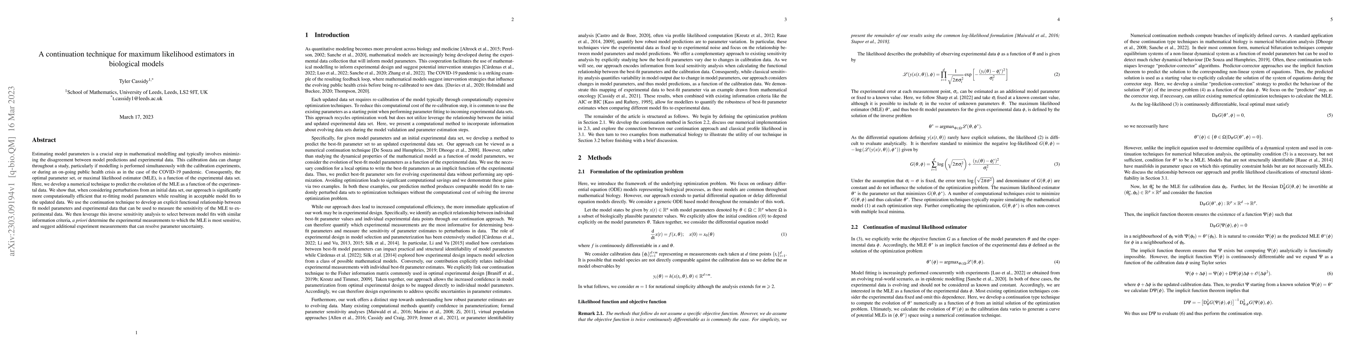 Thumbnail for A continuation technique for maximum likelihood estimators in biological
  models