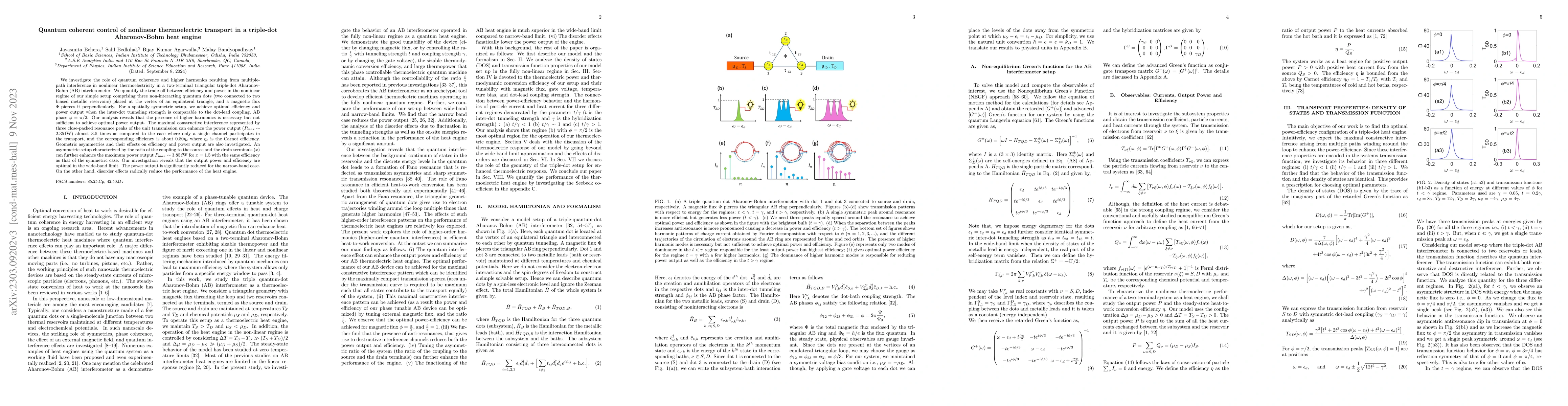 Thumbnail for Quantum coherent control of nonlinear thermoelectric transport in a
  triple-dot Aharonov-Bohm heat engine