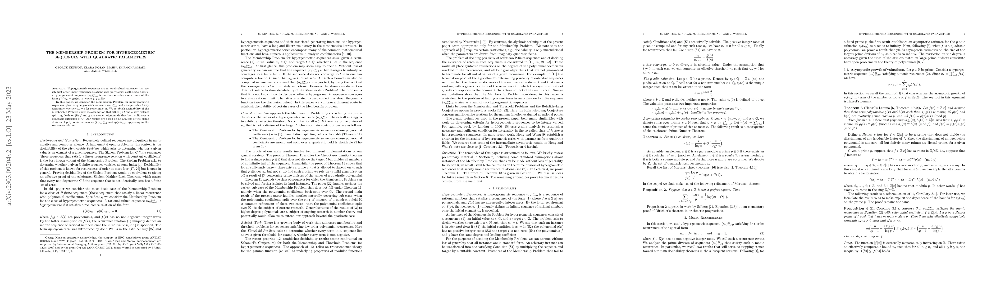 Thumbnail for The Membership Problem for Hypergeometric Sequences with Quadratic
  Parameters