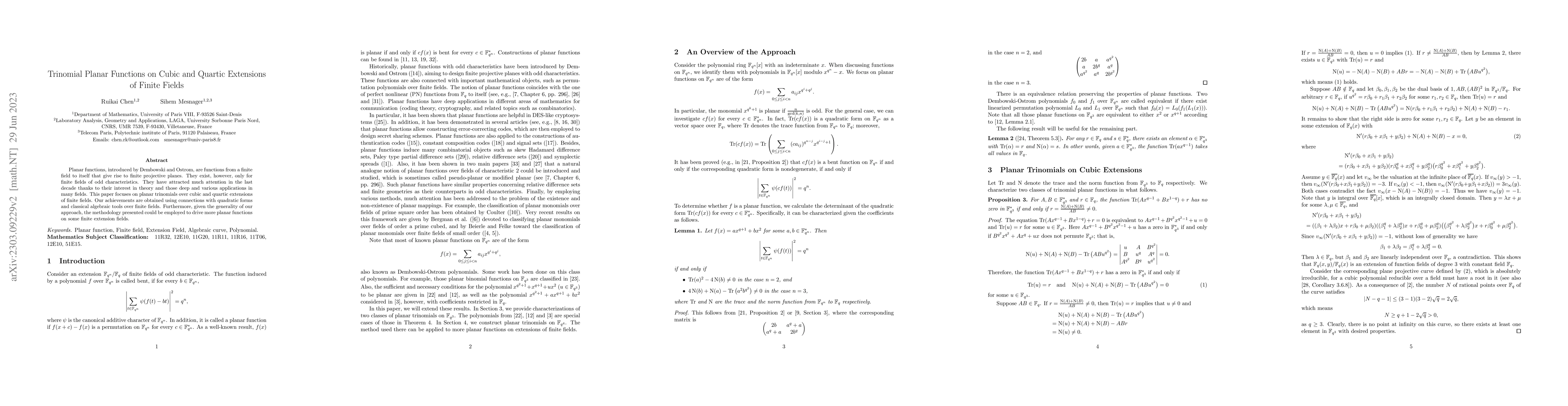 Thumbnail for Trinomial Planar Functions on Cubic and Quartic Extensions of Finite
  Fields