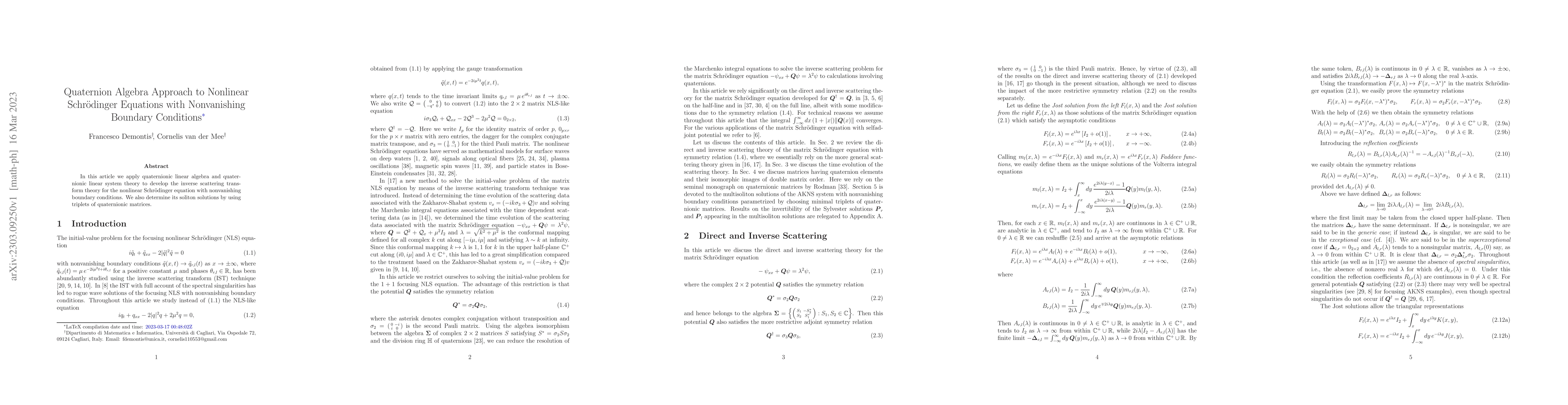 Thumbnail for Quaternion Algebra Approach to Nonlinear Schr\"odinger Equations with
  Nonvanishing Boundary Conditions