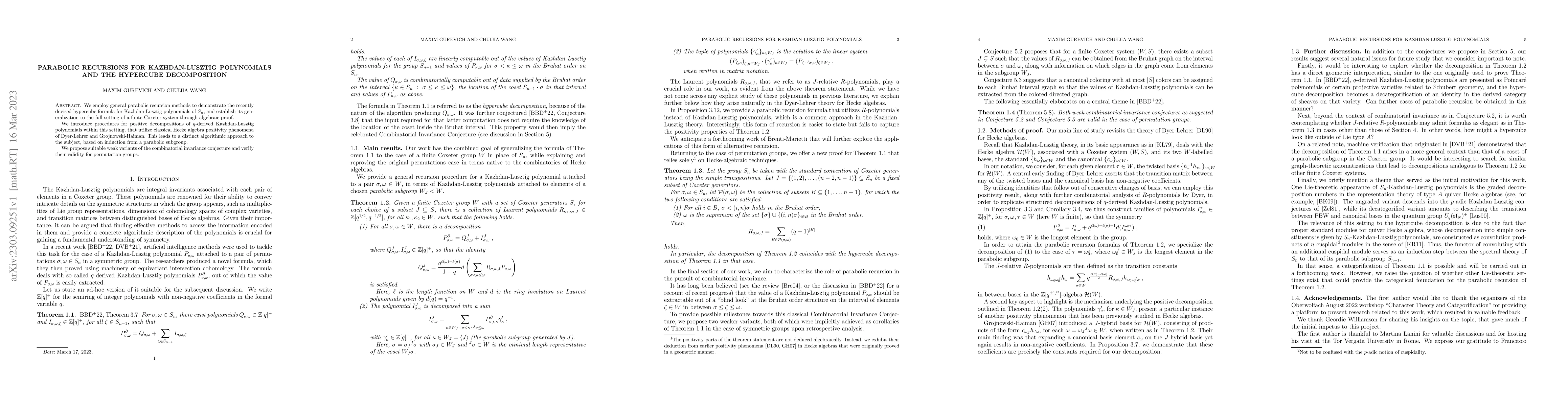 Thumbnail for Parabolic recursions for Kazhdan-Lusztig polynomials and the hypercube
  decomposition