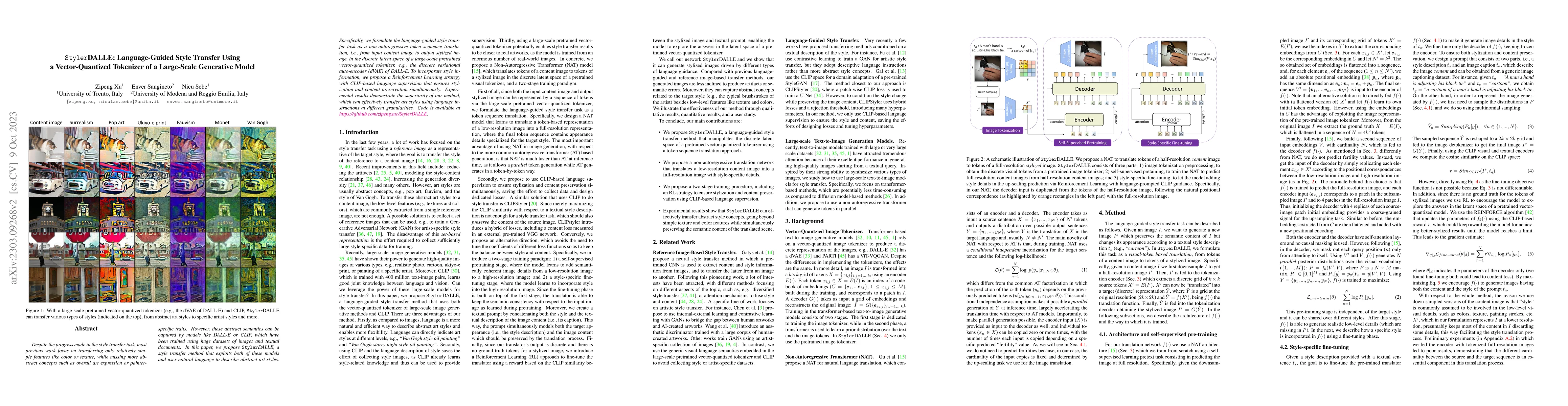 Thumbnail for StylerDALLE: Language-Guided Style Transfer Using a Vector-Quantized
  Tokenizer of a Large-Scale Generative Model