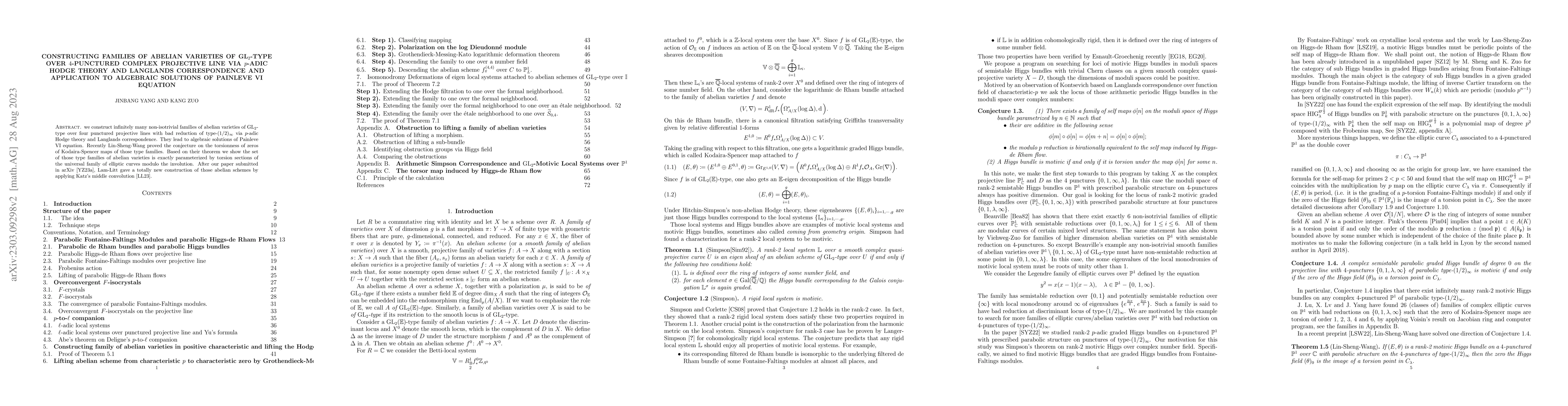 Thumbnail for Constructing families of abelian varieties of $\text{GL}_2$-type over
  $4$-punctured complex projective line via $p$-adic Hodge theory and Langlands
  correspondence and application to algebraic solutions of Painleve VI equation