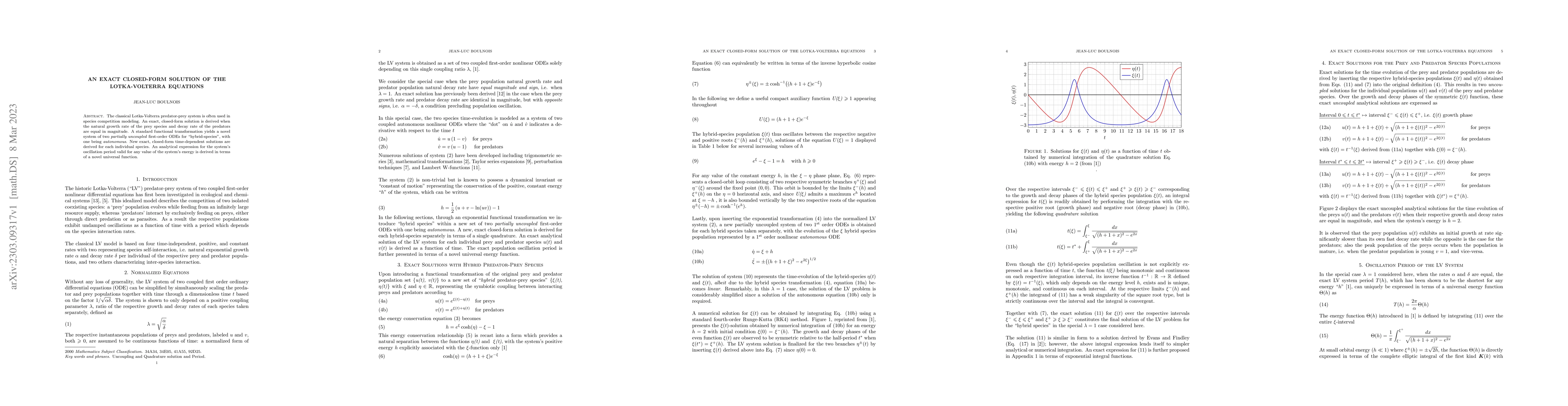 Thumbnail for An Exact Closed-Form Solution of the Lotka-Volterra Equations