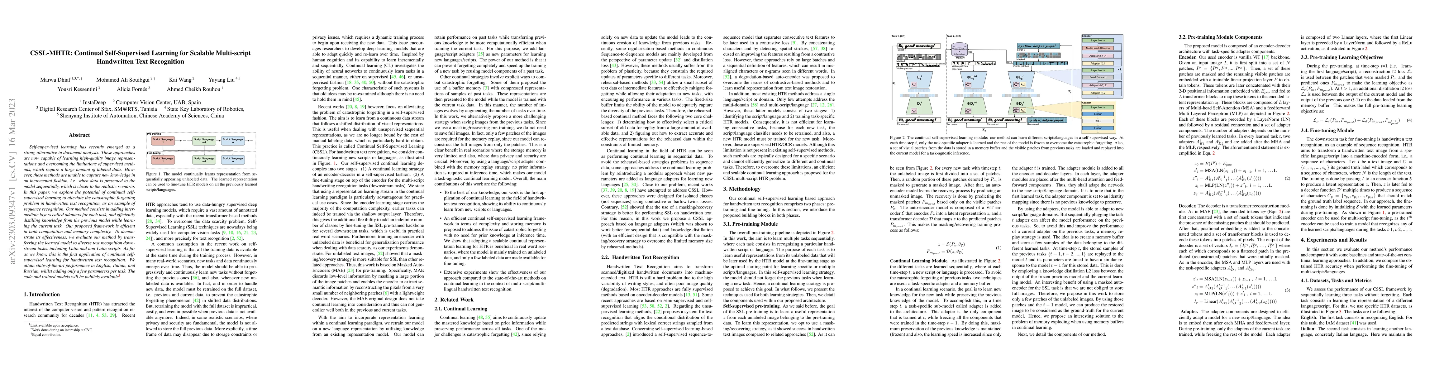 Thumbnail for CSSL-MHTR: Continual Self-Supervised Learning for Scalable Multi-script
  Handwritten Text Recognition