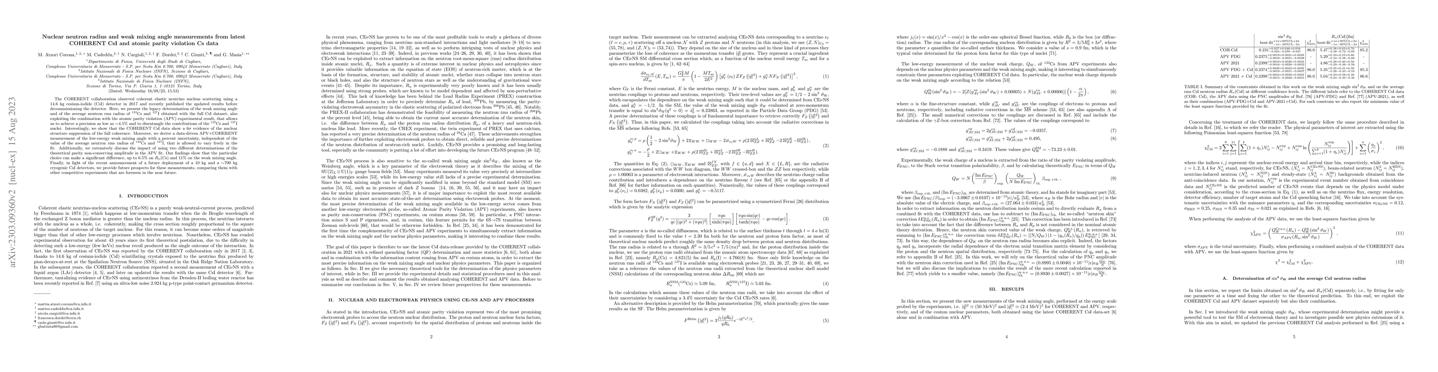Thumbnail for Nuclear neutron radius and weak mixing angle measurements from latest
  COHERENT CsI and atomic parity violation Cs data