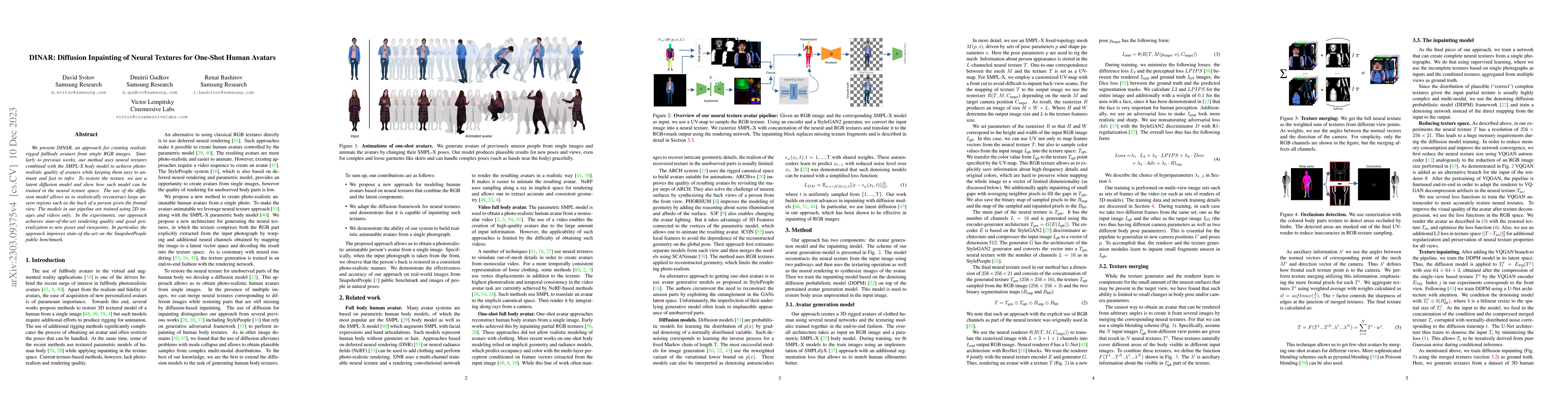 Thumbnail for DINAR: Diffusion Inpainting of Neural Textures for One-Shot Human
  Avatars