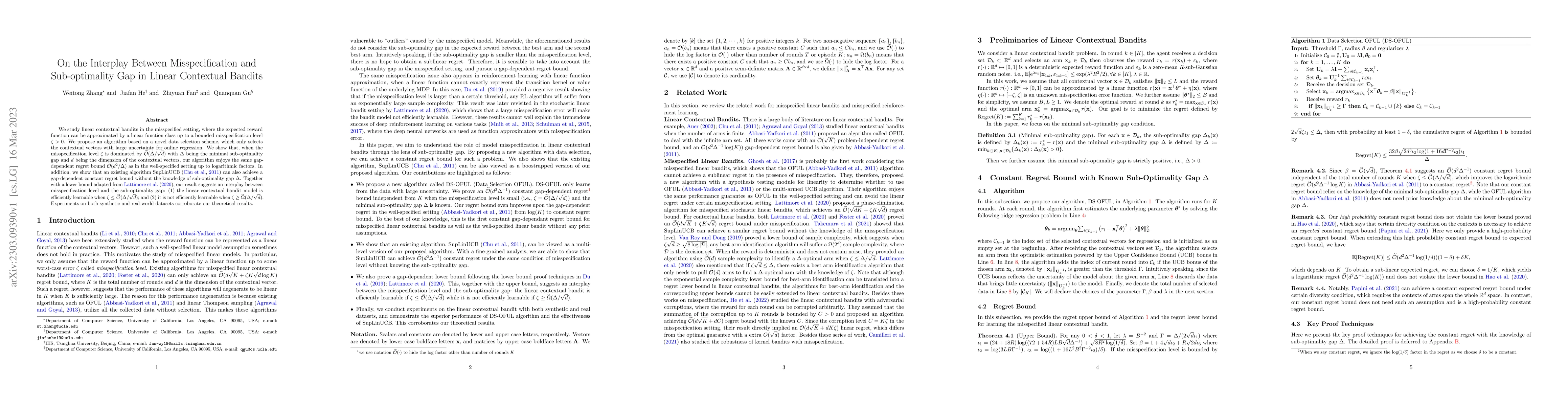 Thumbnail for On the Interplay Between Misspecification and Sub-optimality Gap in
  Linear Contextual Bandits