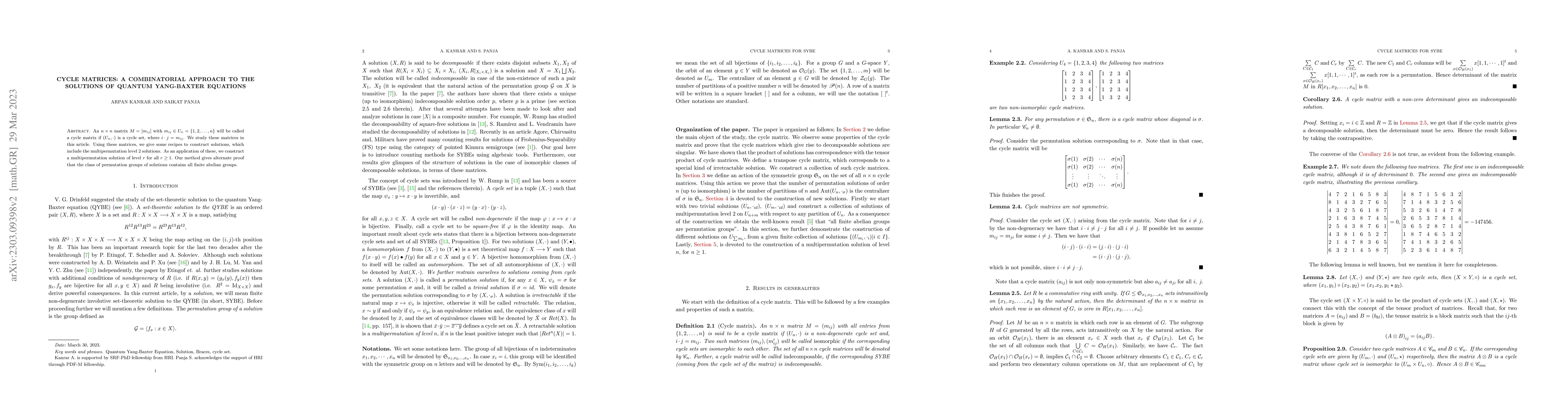 Thumbnail for Cycle matrices: A combinatorial approach to the set-theoretic solutions
  of the Quantum Yang-Baxter Equation