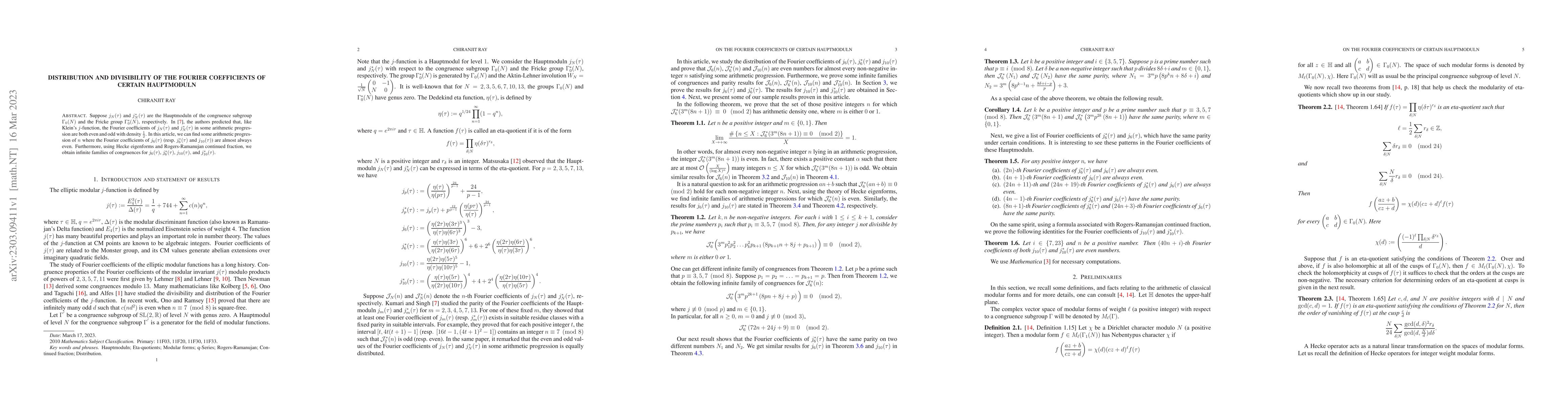 Thumbnail for Distribution and divisibility of the Fourier coefficients of certain
  Hauptmoduln