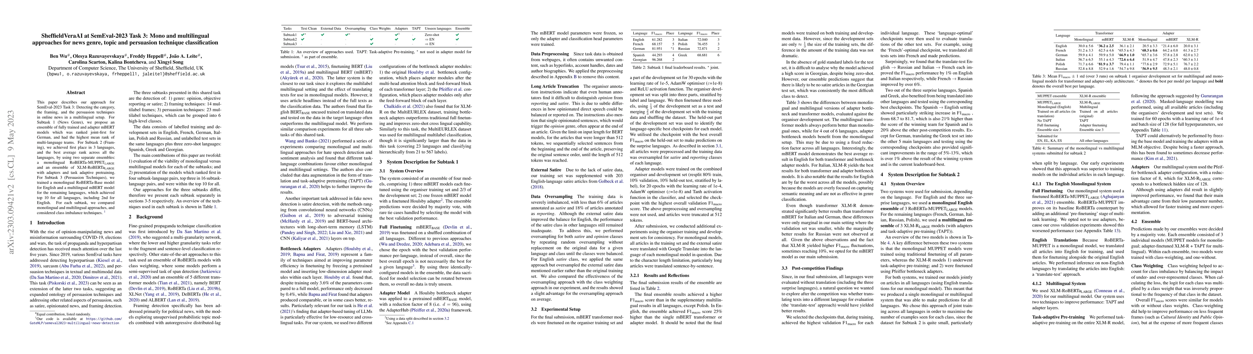 Thumbnail for SheffieldVeraAI at SemEval-2023 Task 3: Mono and multilingual approaches
  for news genre, topic and persuasion technique classification