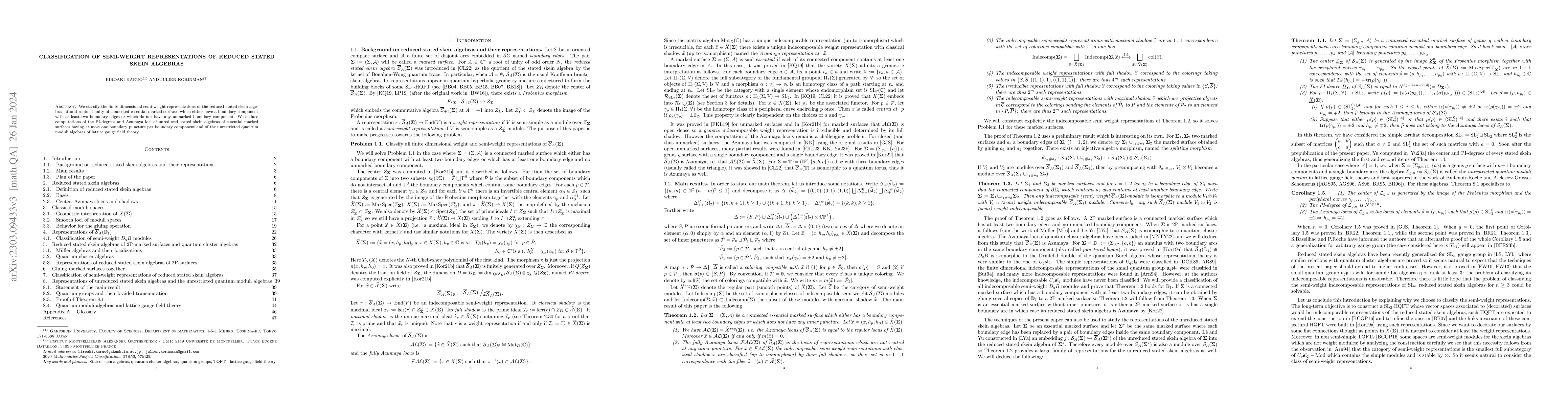Thumbnail for Classification of semi-weight representations of reduced stated skein
  algebras