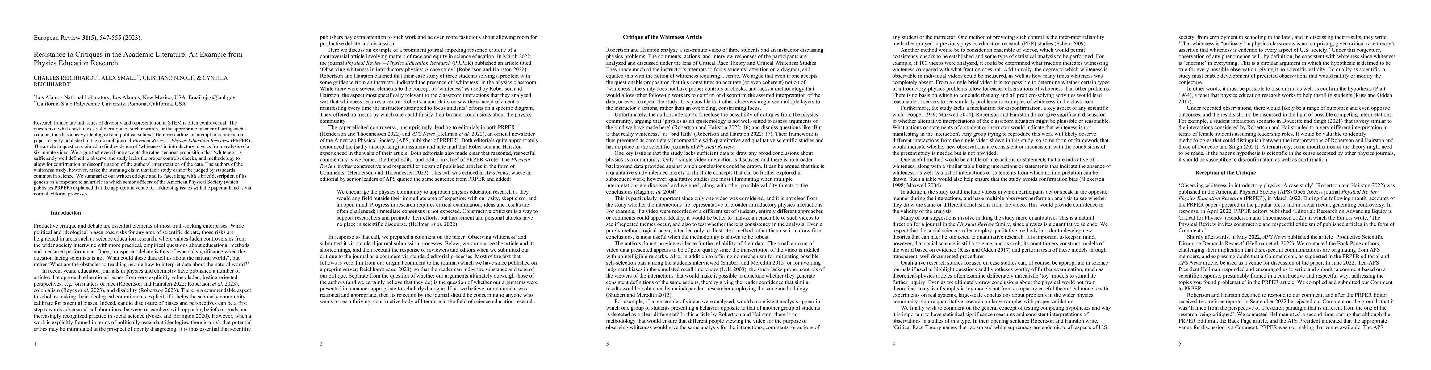 Thumbnail for Resistance to Critiques in the Academic Literature: An Example from
  Physics Education Research