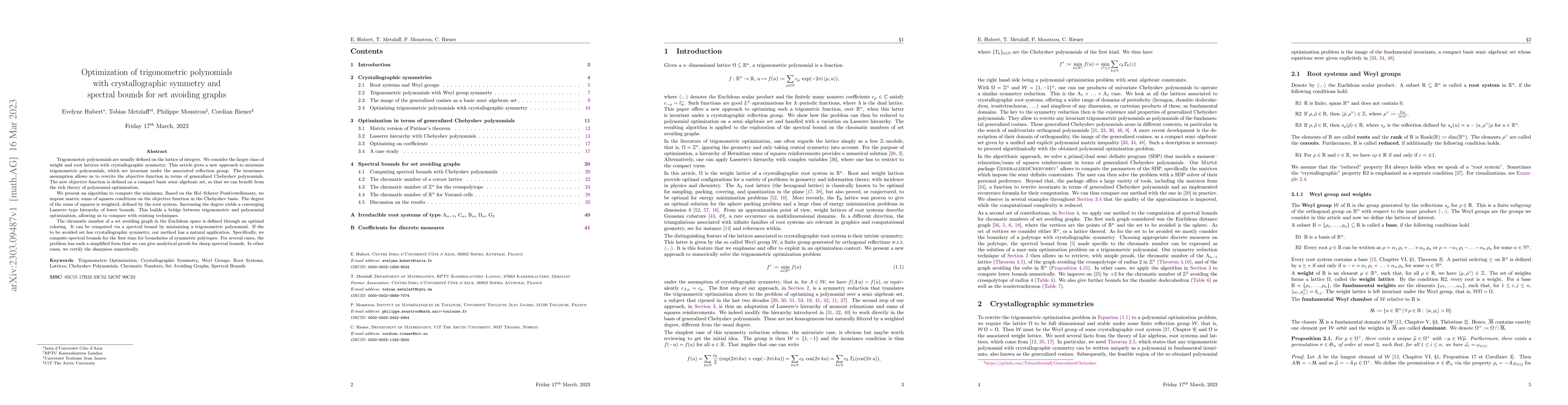 Thumbnail for Optimization of trigonometric polynomials with crystallographic symmetry
  and spectral bounds for set avoiding graphs