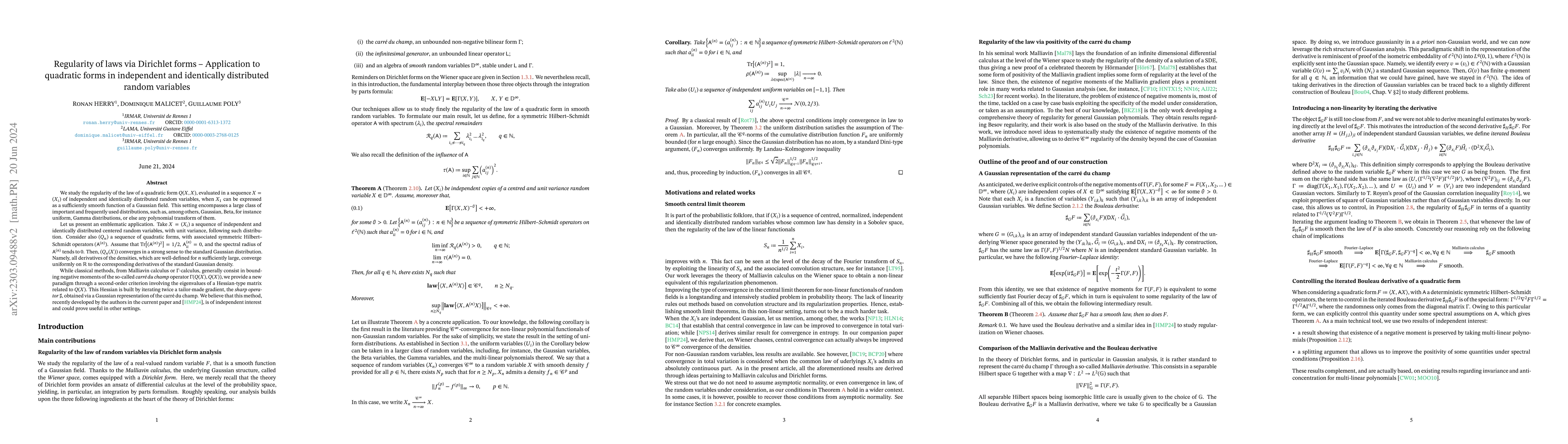 Thumbnail for Regularity of laws via Dirichlet forms -- Application to quadratic forms
  in independent and identically distributed random variables