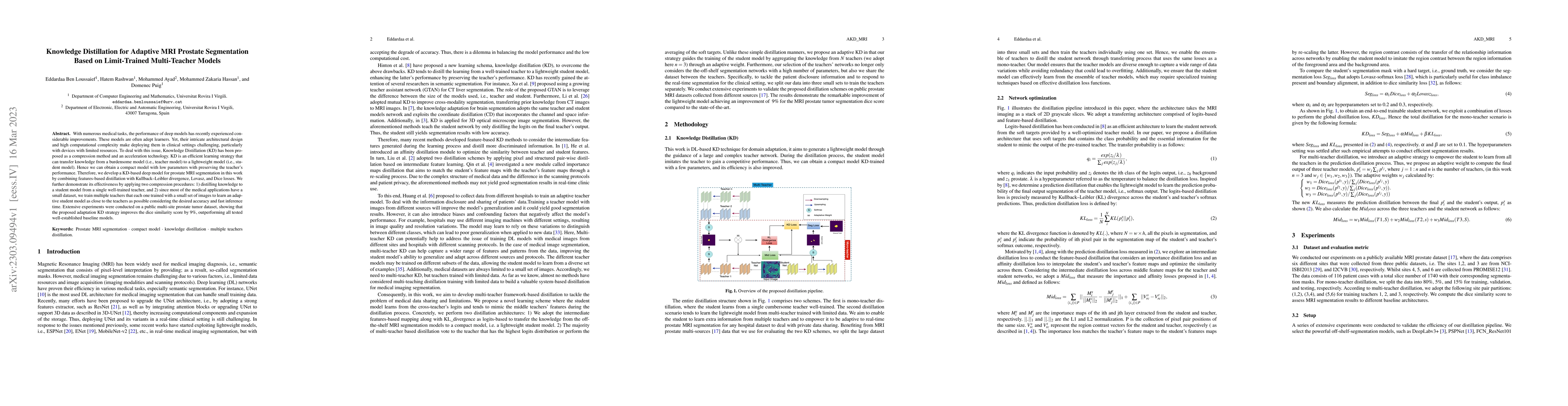 Thumbnail for Knowledge Distillation for Adaptive MRI Prostate Segmentation Based on
  Limit-Trained Multi-Teacher Models