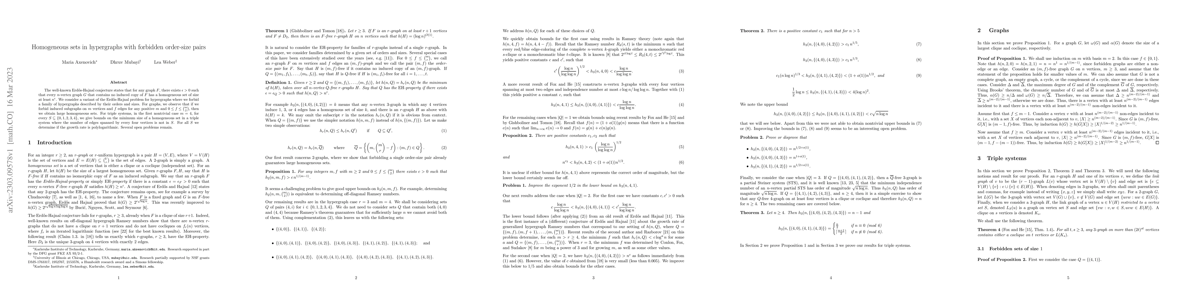 Thumbnail for Homogeneous sets in hypergraphs with forbidden order-size pairs