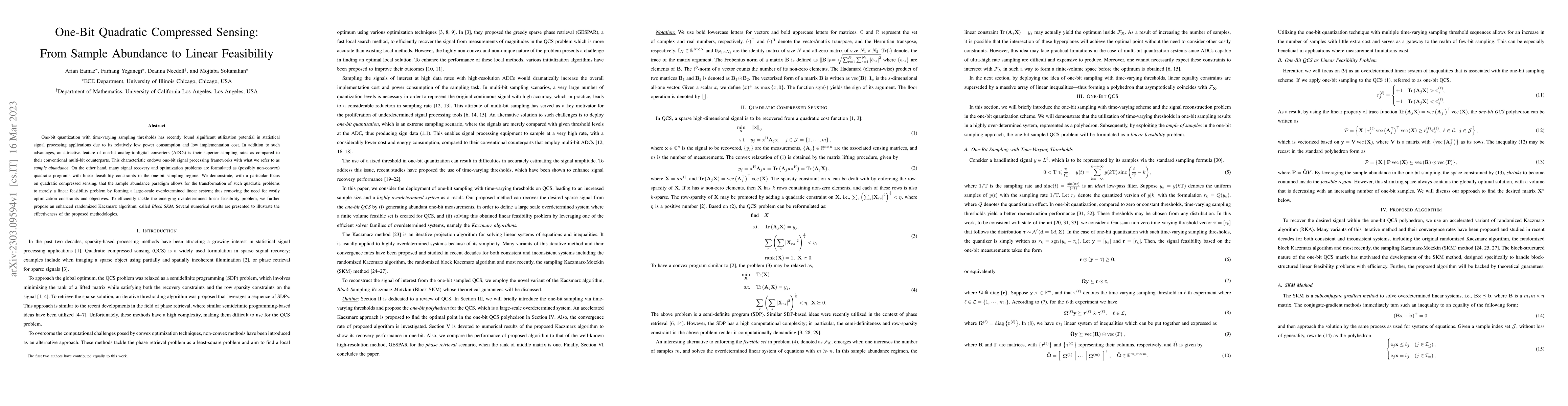 Thumbnail for One-Bit Quadratic Compressed Sensing: From Sample Abundance to Linear
  Feasibility