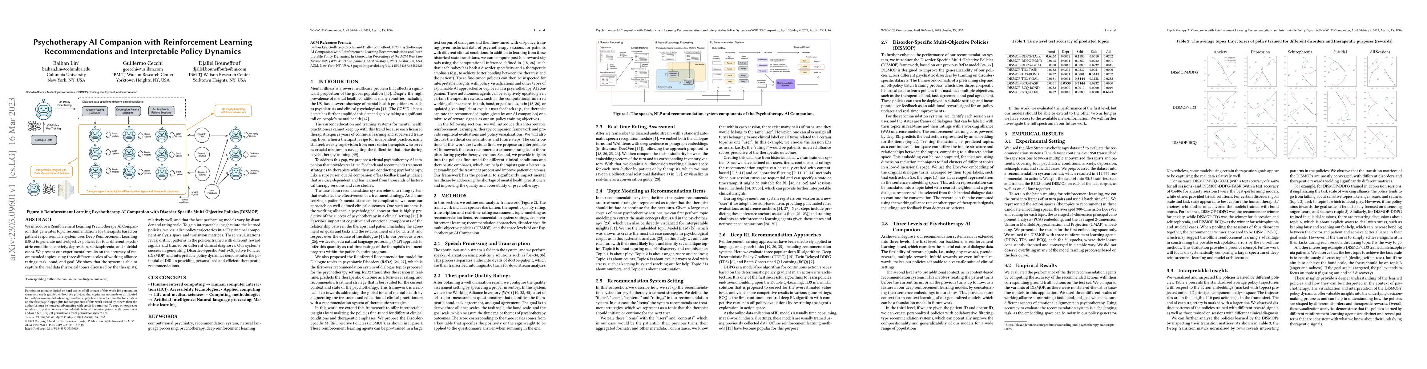 Thumbnail for Psychotherapy AI Companion with Reinforcement Learning Recommendations
  and Interpretable Policy Dynamics