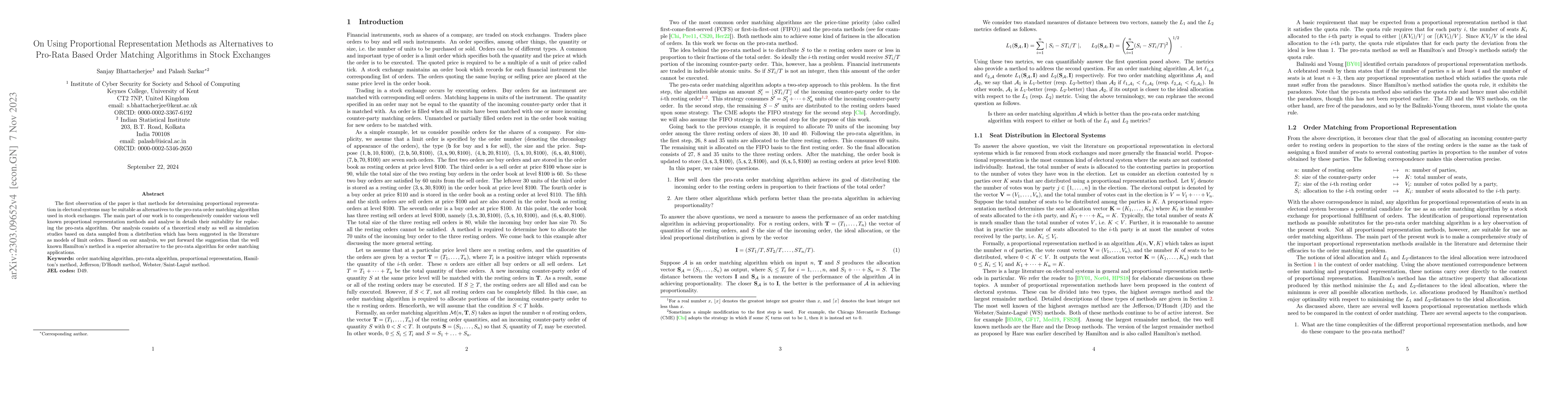 Thumbnail for On Using Proportional Representation Methods as Alternatives to Pro-Rata
  Based Order Matching Algorithms in Stock Exchanges