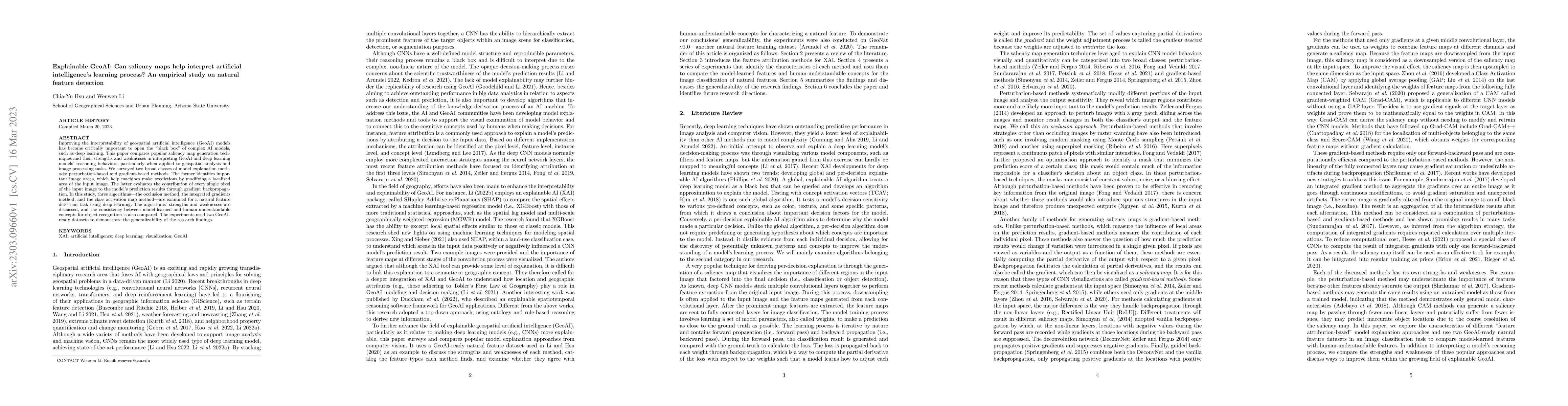 Thumbnail for Explainable GeoAI: Can saliency maps help interpret artificial
  intelligence's learning process? An empirical study on natural feature
  detection