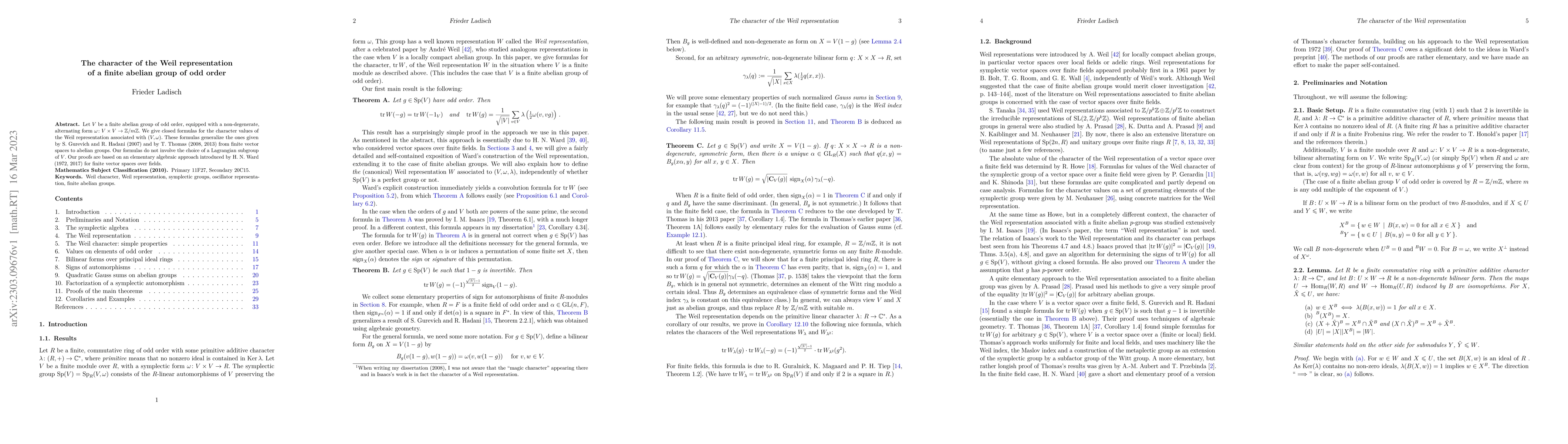 Thumbnail for The character of the Weil representation of a finite abelian group of
  odd order
