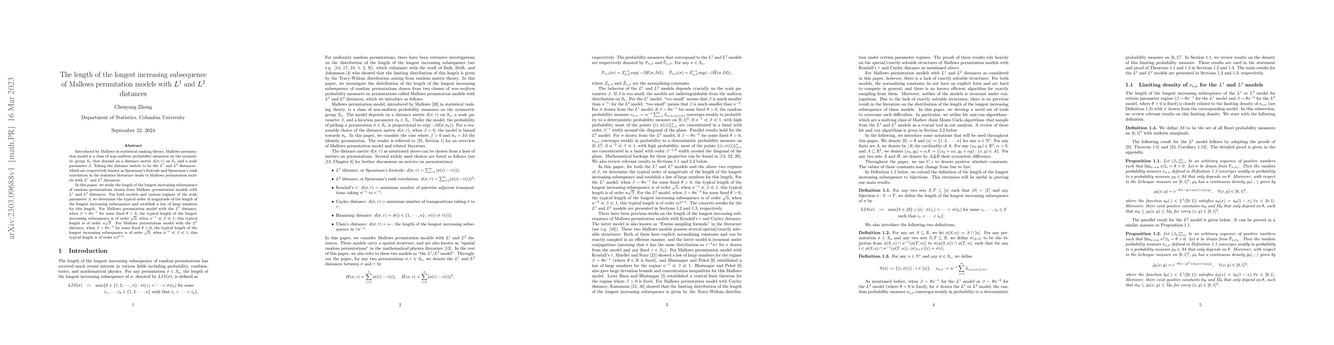 Thumbnail for The length of the longest increasing subsequence of Mallows permutation
  models with $L^1$ and $L^2$ distances