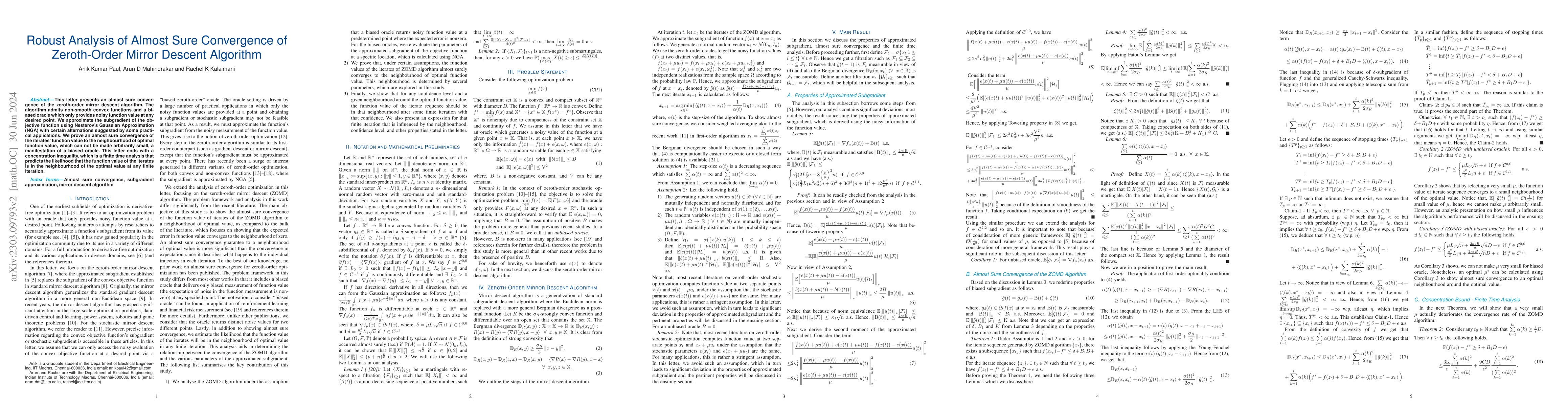 Thumbnail for Robust Analysis of Almost Sure Convergence of Zeroth-Order Mirror
  Descent Algorithm