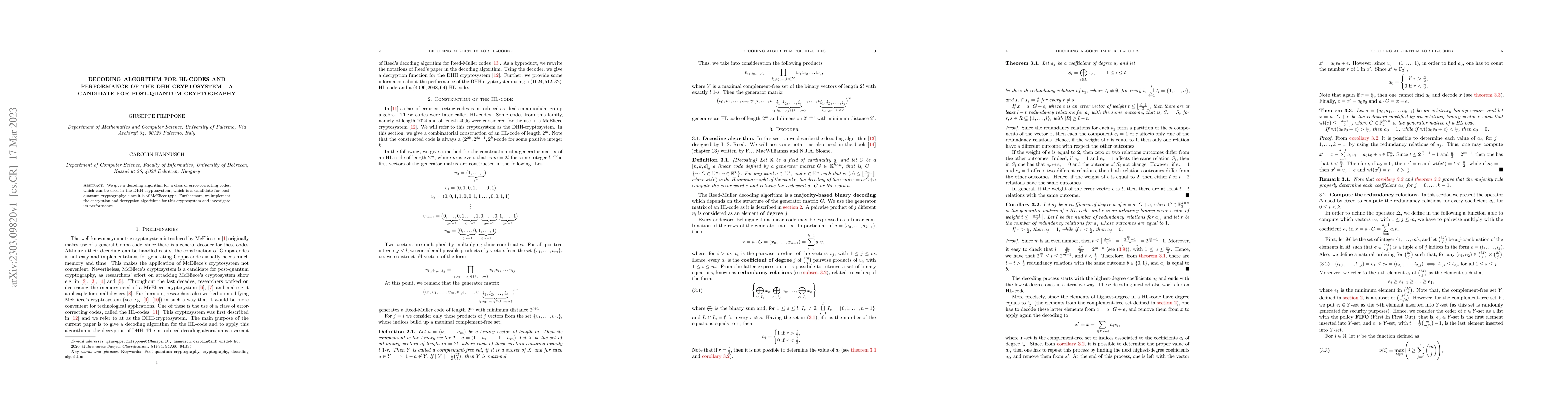 Thumbnail for Decoding algorithm for HL-codes and performance of the DHH-cryptosystem
  -- a candidate for post-quantum cryptography
