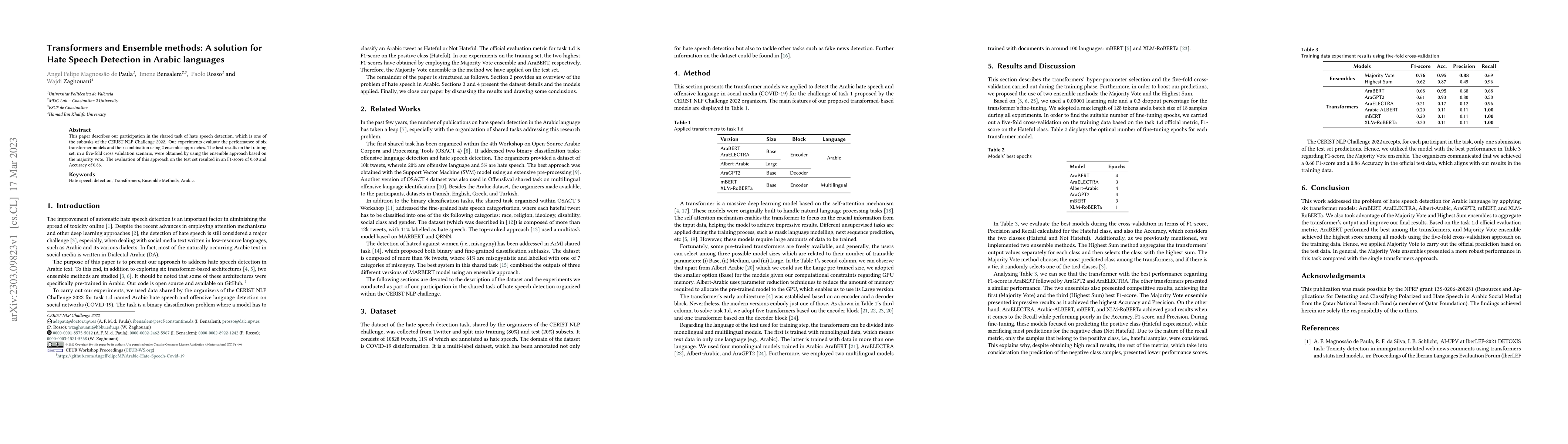 Thumbnail for Transformers and Ensemble methods: A solution for Hate Speech Detection
  in Arabic languages