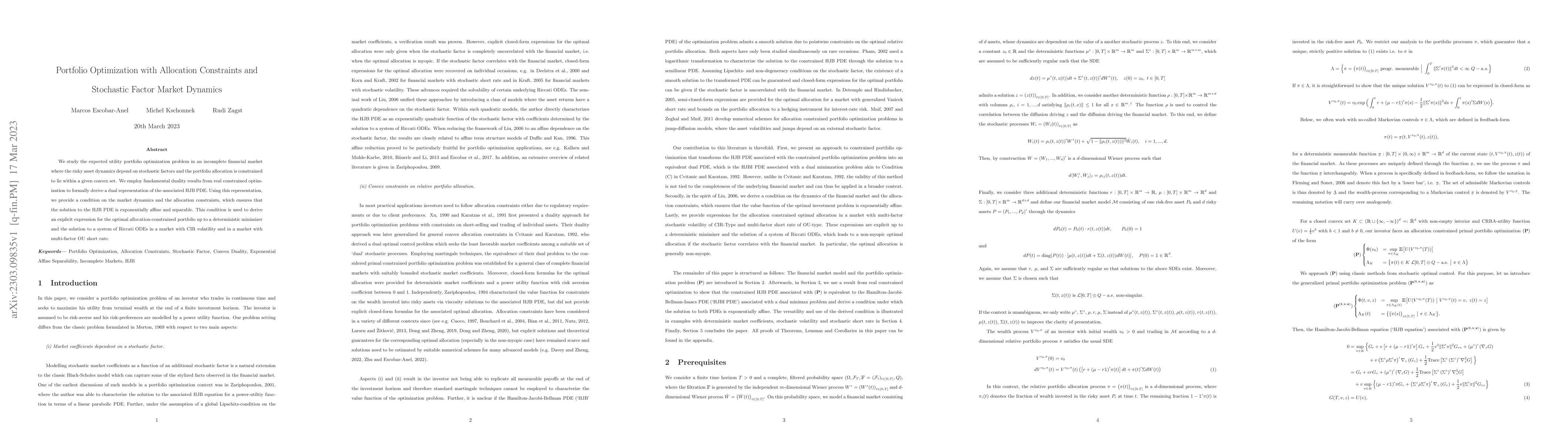 Thumbnail for Portfolio Optimization with Allocation Constraints and Stochastic Factor
  Market Dynamics