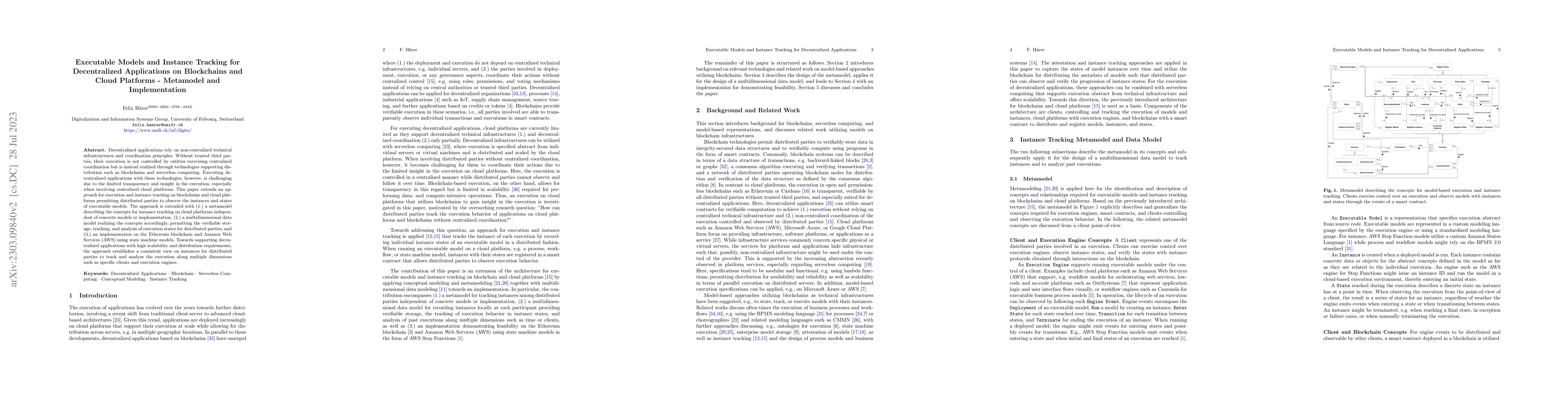 Thumbnail for Executable Models and Instance Tracking for Decentralized Applications
  on Blockchains and Cloud Platforms -- Metamodel and Implementation