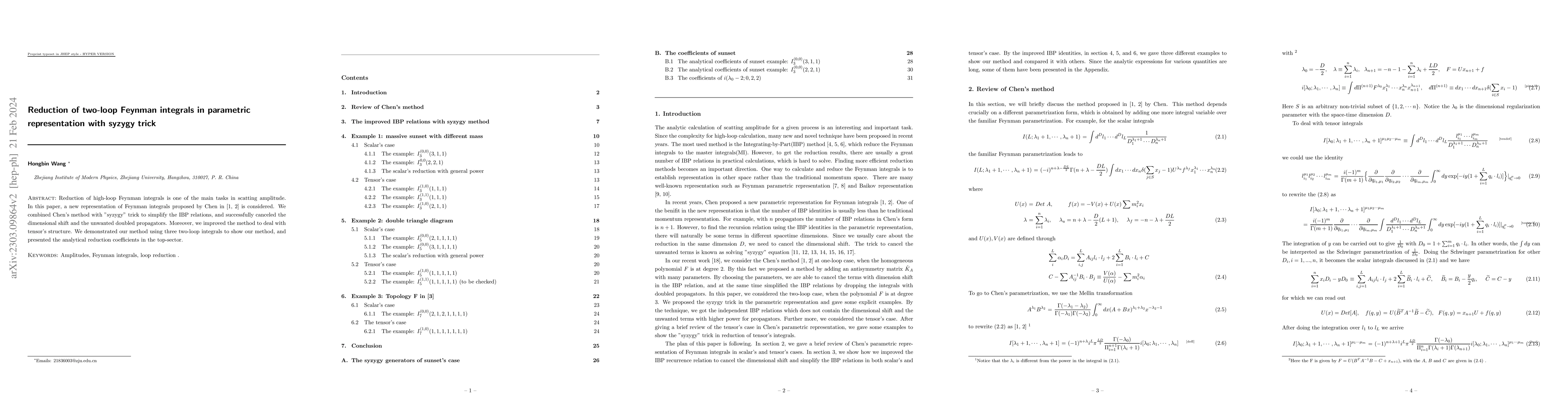 Thumbnail for Reduction of two-loop Feynman integrals in parametric representation
  with syzygy trick