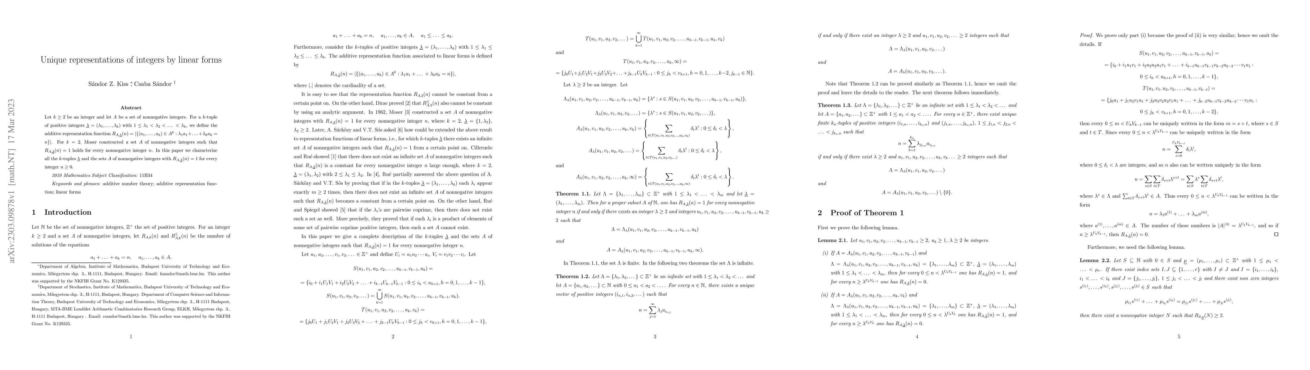 Thumbnail for Unique representations of integers by linear forms