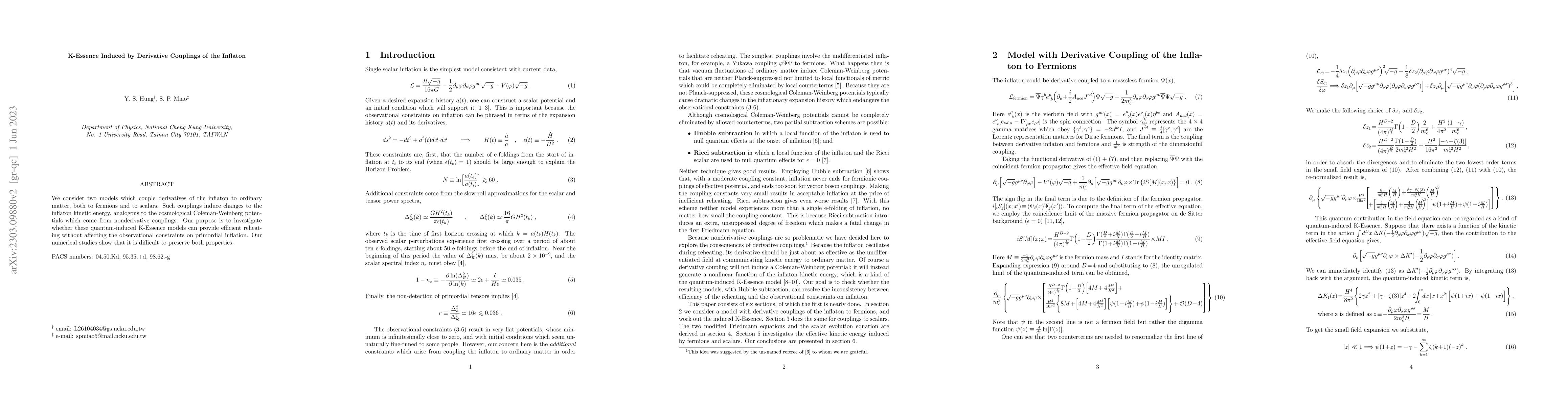 Thumbnail for K-Essence Induced by Derivative Couplings of the Inflaton