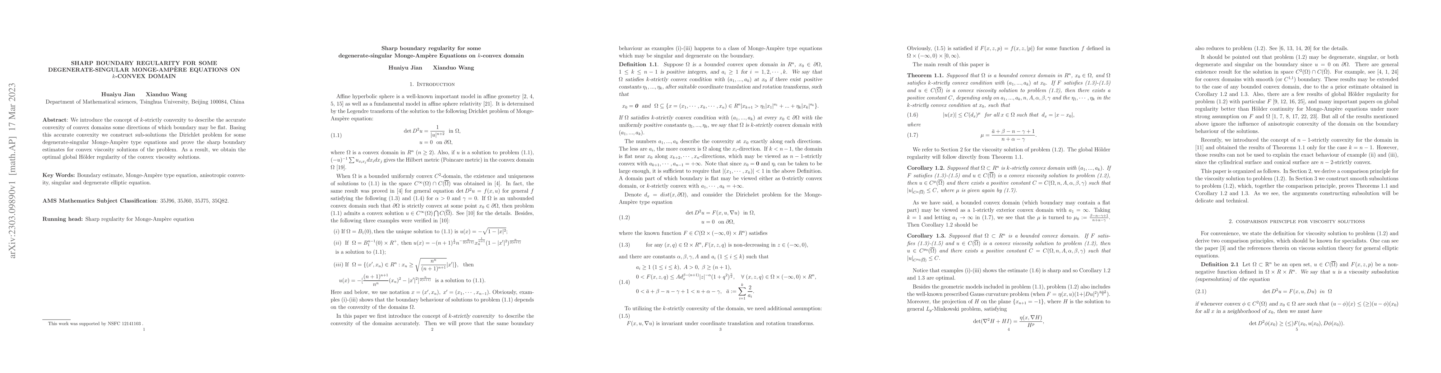 Thumbnail for Sharp boundary regularity for some degenerate-singular Monge-Amp\`ere
  Equations on k-convex domain