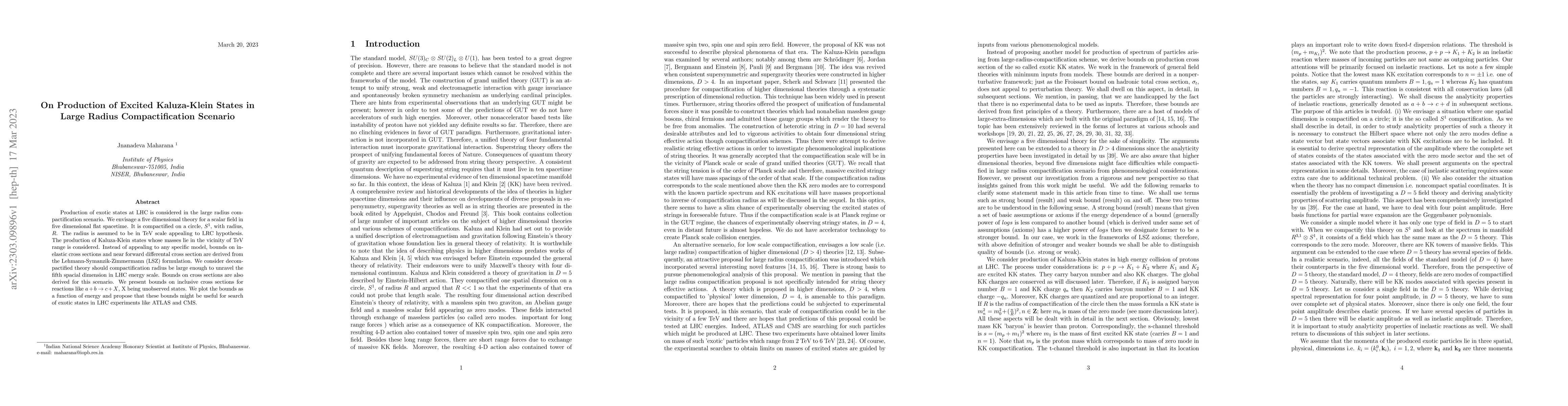 Thumbnail for On Production of Excited Kaluza-Klein States in Large Radius
  Compactification Scenario