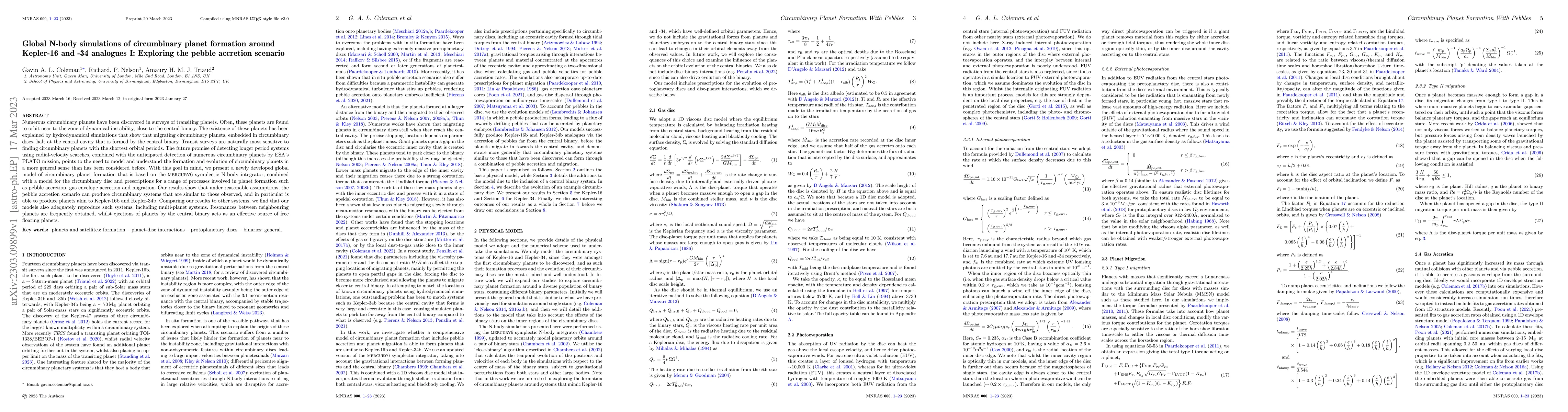 Thumbnail for Global N-body simulations of circumbinary planet formation around
  Kepler-16 and -34 analogues I: Exploring the pebble accretion scenario