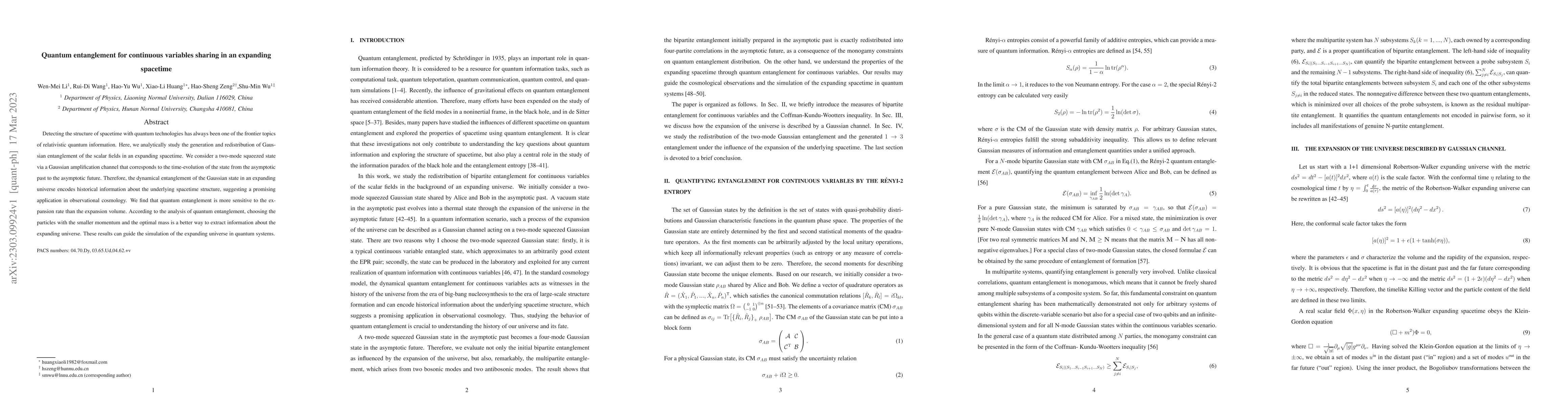 Thumbnail for Quantum entanglement for continuous variables sharing in an expanding
  spacetime